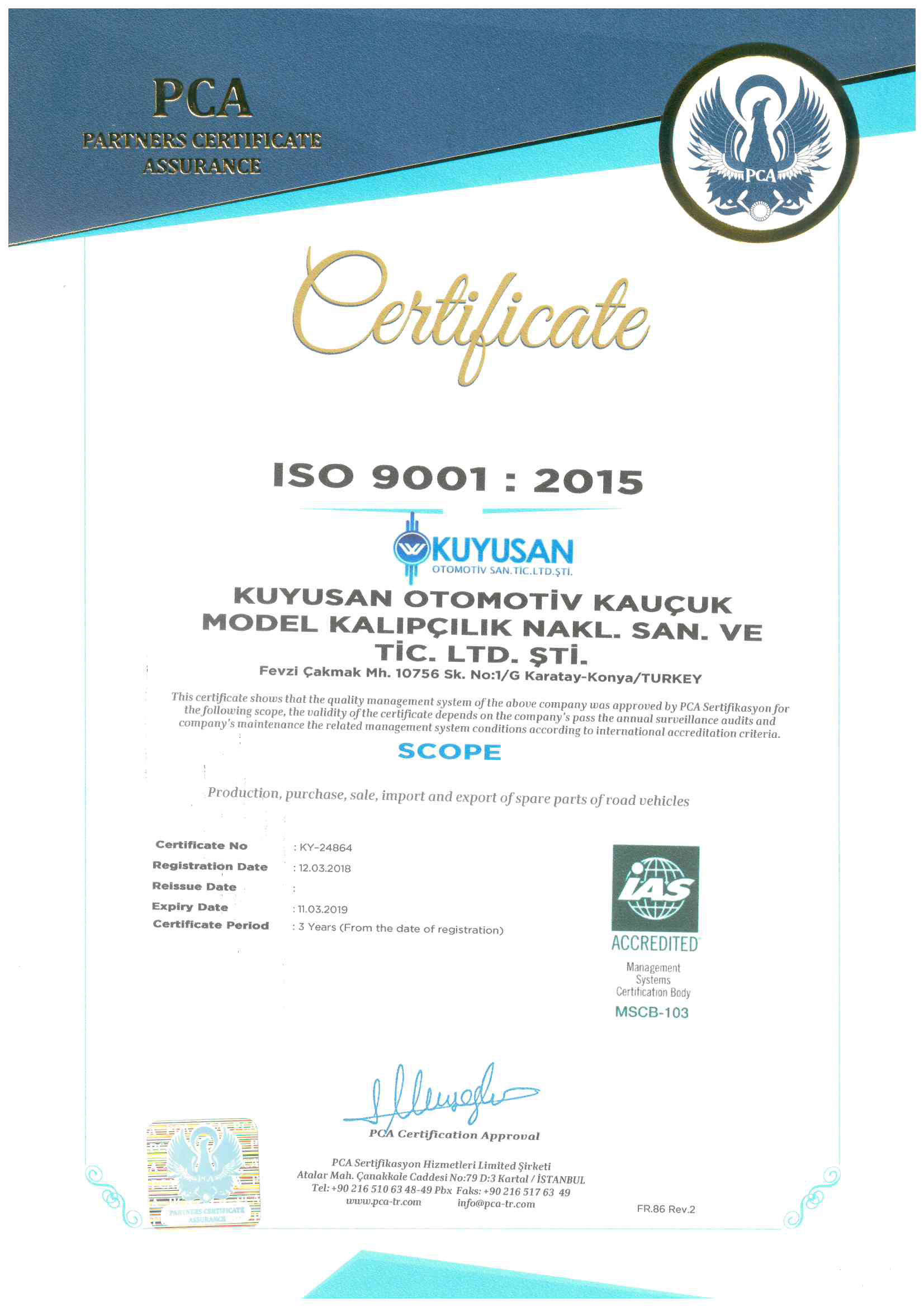 Certificat de qualité ISO 9001: 2015_1