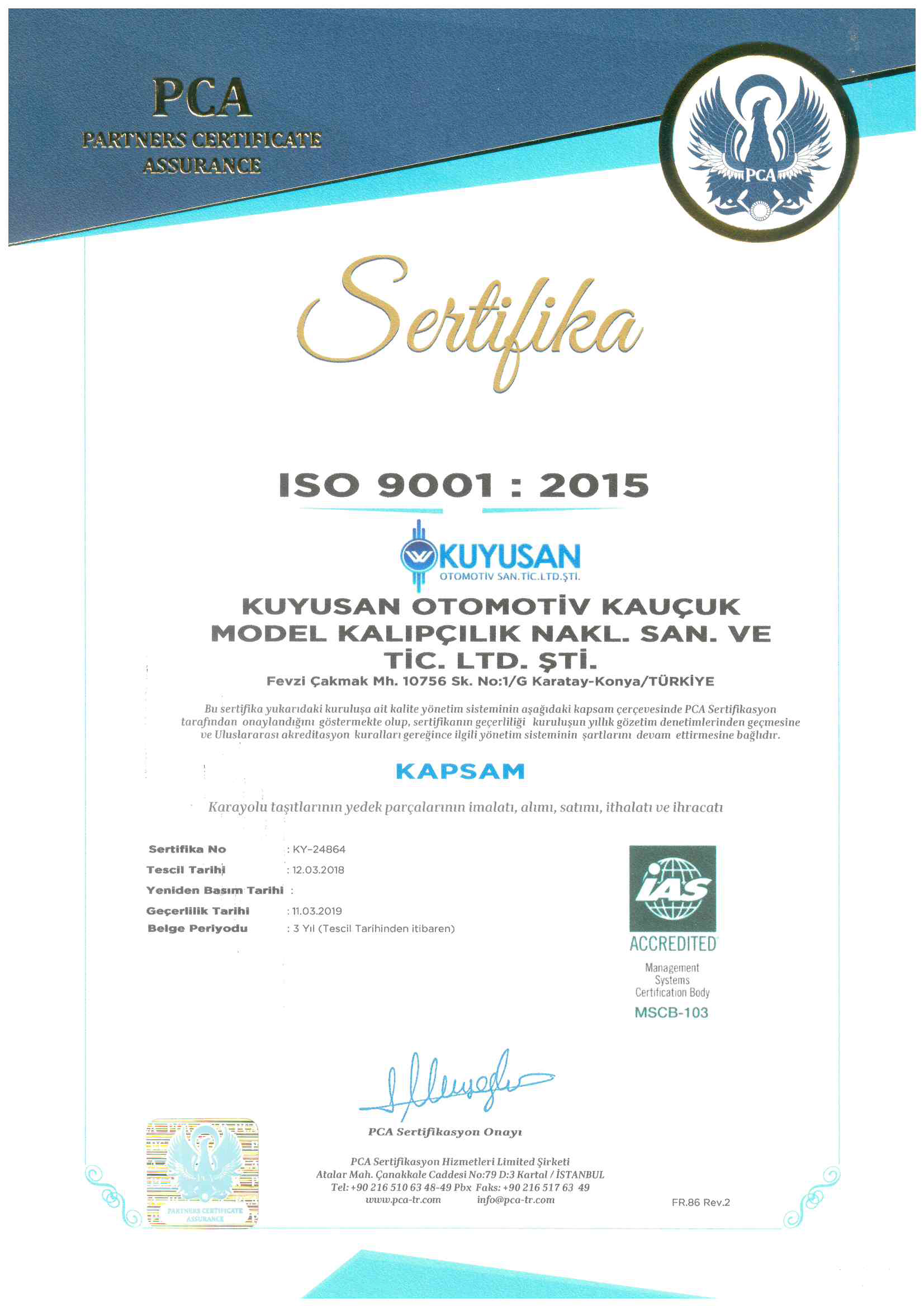 Certificat de qualité ISO 9001: 2015_0